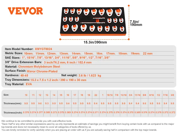 VEVOR crowfoot wrench set with metric and sae sizes, chromium molybdenum steel, and eva tray.