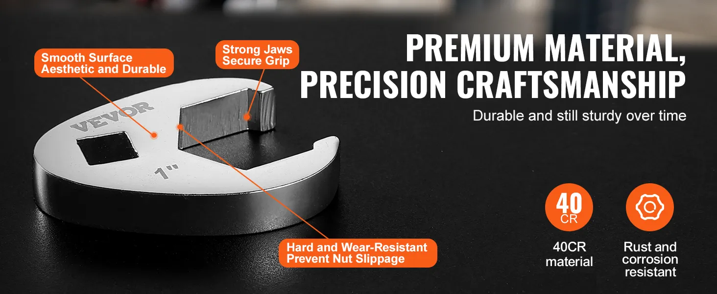 VEVOR crowfoot wrench set with smooth surface, strong jaws, 40cr material, and rust resistance.