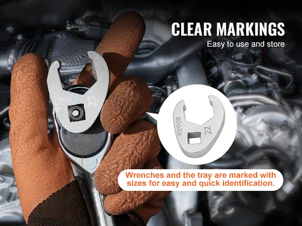 mechanic using VEVOR crowfoot wrench set with clear markings for easy use and quick identification.