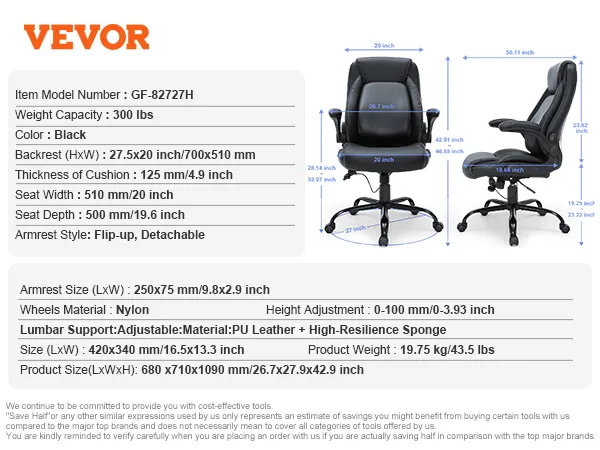 VEVOR executive office chair with flip-up armrests, 300 lbs capacity, black pu leather.