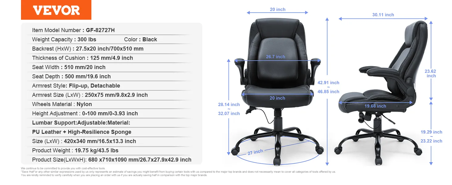 VEVOR executive office chair with flip-up armrests, 300 lbs capacity, black pu leather.