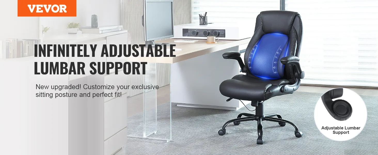 VEVOR executive office chair with infinitely adjustable lumbar support in a modern office setting.