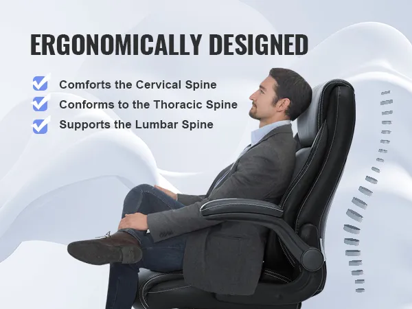 ergonomically designed VEVOR executive office chair supporting cervical, thoracic, and lumbar spine.