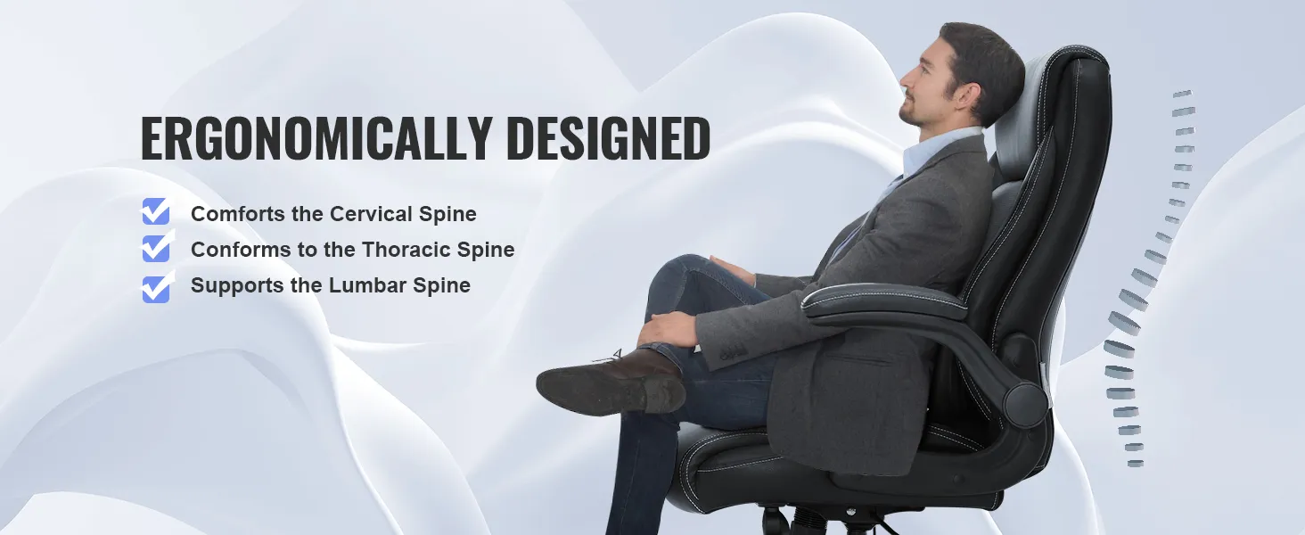 ergonomically designed VEVOR executive office chair supporting cervical, thoracic, and lumbar spine.