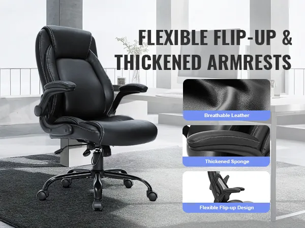 VEVOR executive office chair with breathable leather, thickened sponge, and flip-up armrests in a modern office.