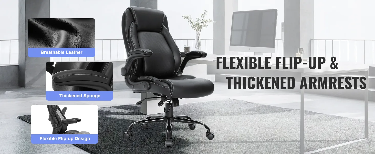 VEVOR executive office chair with breathable leather, thickened sponge, and flip-up armrests in a modern office.