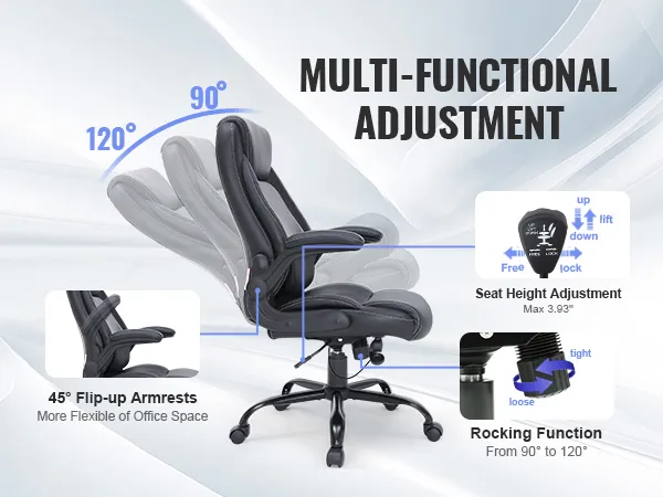 VEVOR executive office chair with adjustable height, 45° flip-up armrests, and 90°-120° rocking function.