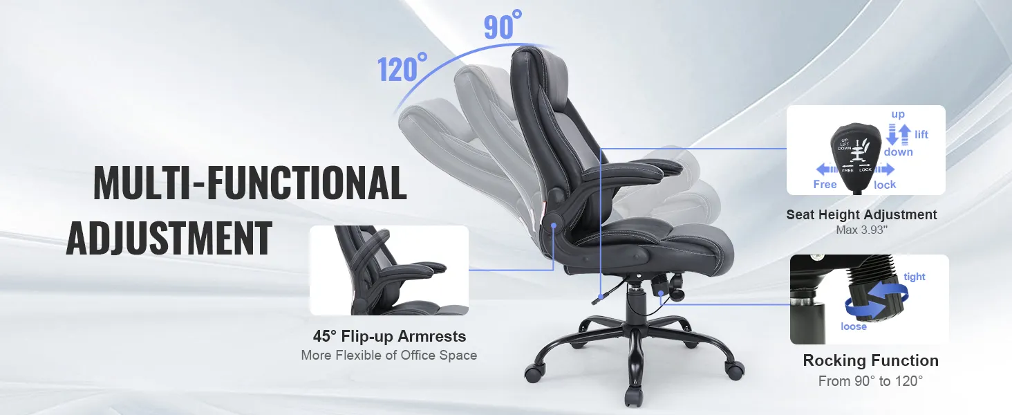 VEVOR executive office chair with adjustable height, 45° flip-up armrests, and 90°-120° rocking function.