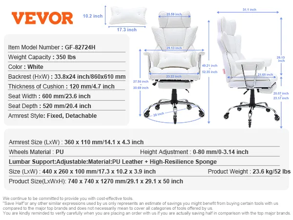 VEVOR reclining office chair in white with adjustable lumbar support, detachable armrests, and pu leather upholstery.
