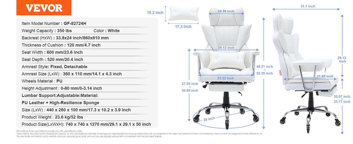 VEVOR reclining office chair in white with adjustable lumbar support, detachable armrests, and pu leather upholstery.
