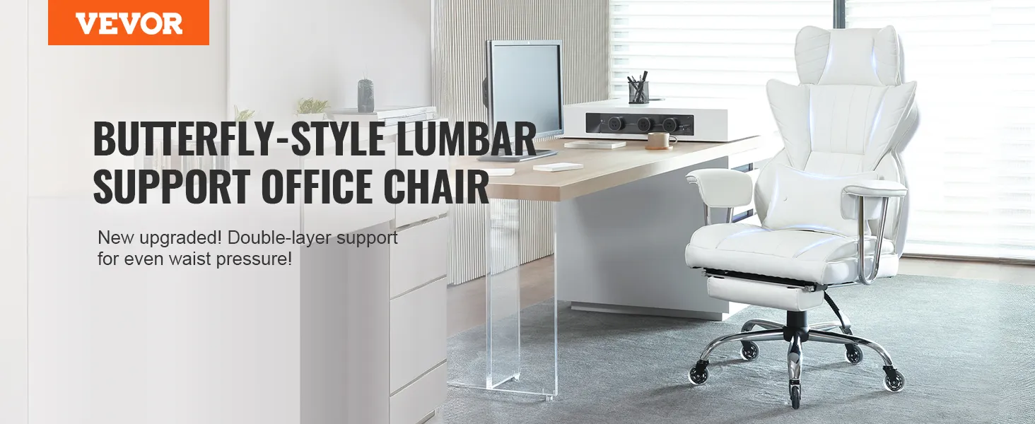 VEVOR reclining office chair with butterfly-style lumbar support in a modern office setup.