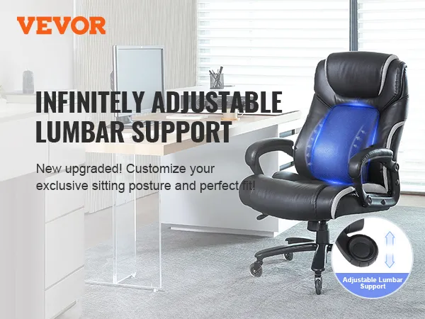 VEVOR executive office chair with infinitely adjustable lumbar support, set in a modern office space.