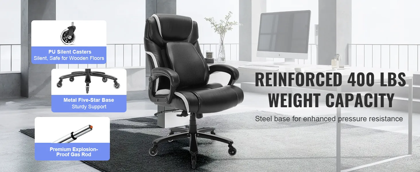 VEVOR executive office chair, 400 lbs weight capacity, metal five-star base, pu silent casters.