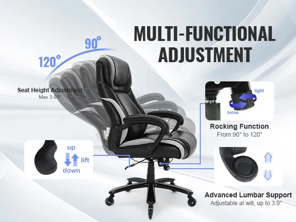 VEVOR executive office chair with multi-function adjustment, rocking function, and advanced lumbar support.