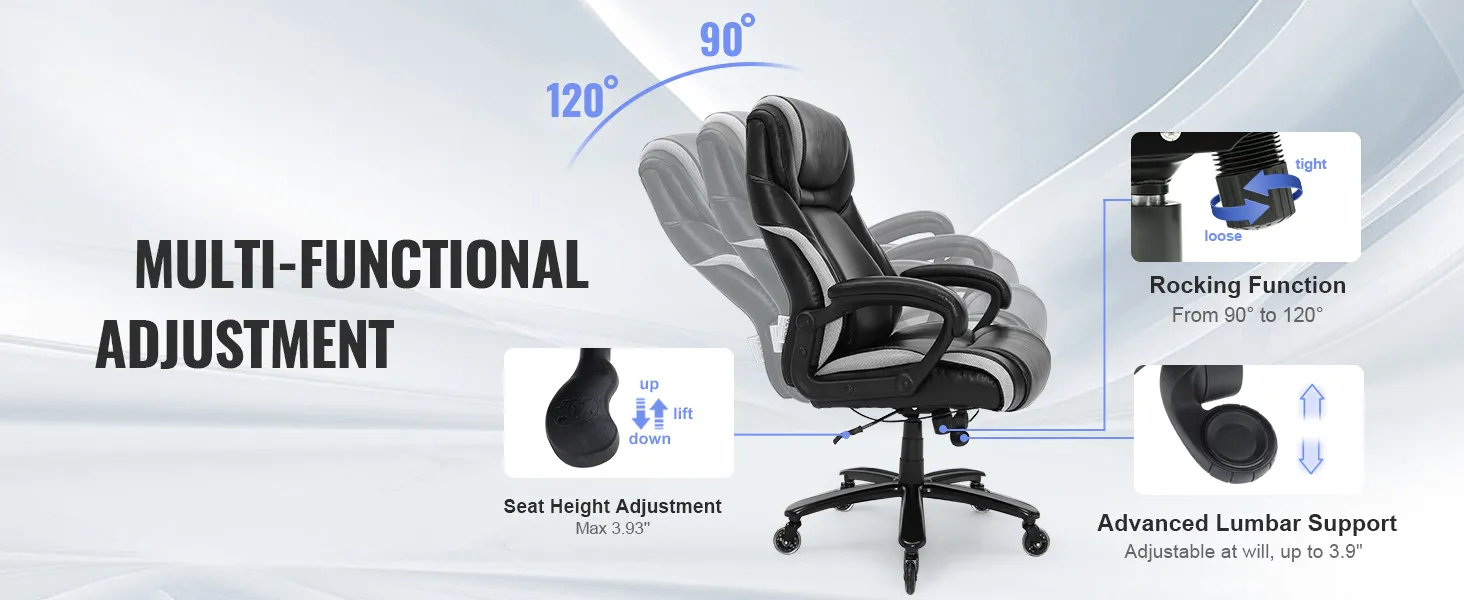 VEVOR executive office chair with multi-function adjustment, rocking function, and advanced lumbar support.
