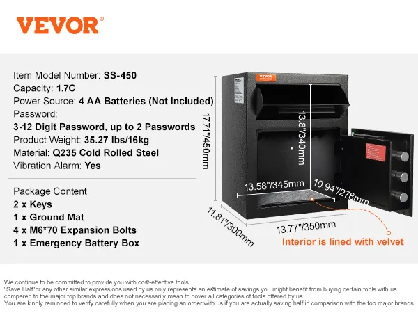 Caja fuerte de depósito VEVOR ss-450, capacidad de 1,7 c, contraseña digital, material de acero, interior de terciopelo.