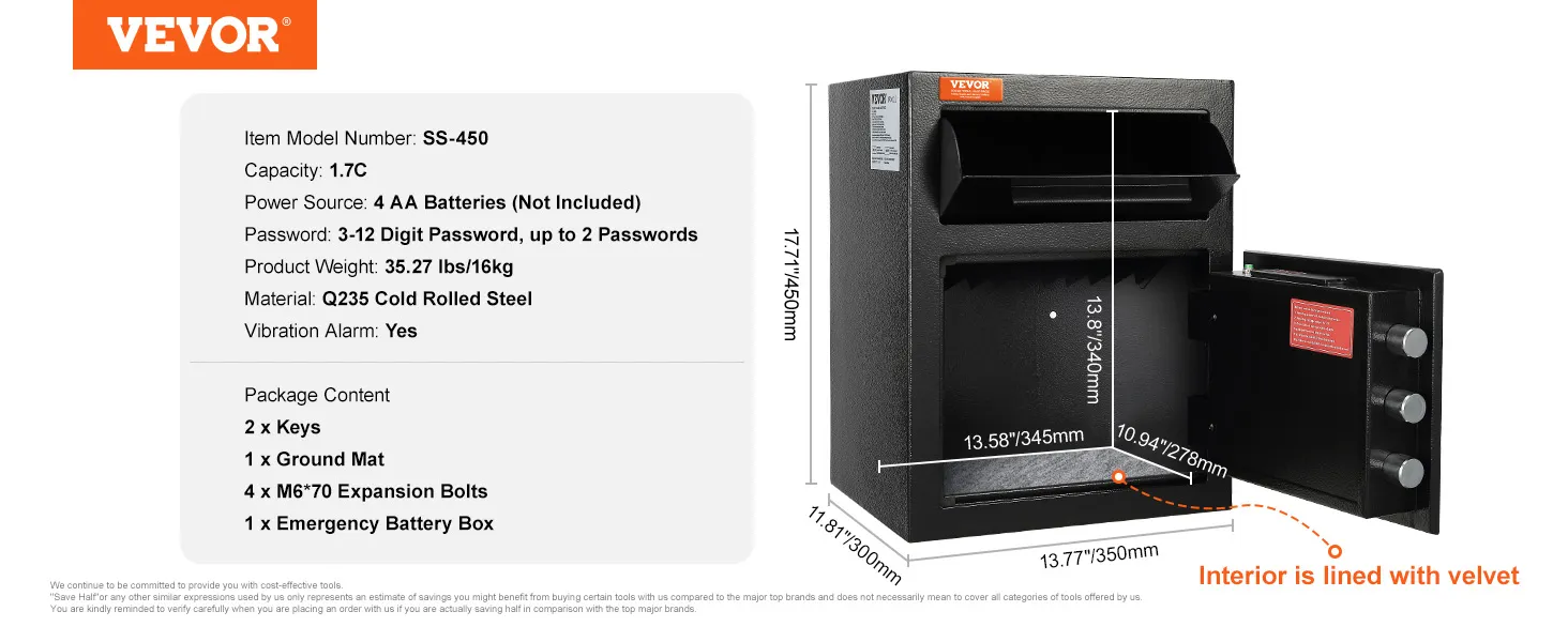 Caja fuerte de depósito VEVOR ss-450, capacidad de 1,7 c, contraseña digital, material de acero, interior de terciopelo.