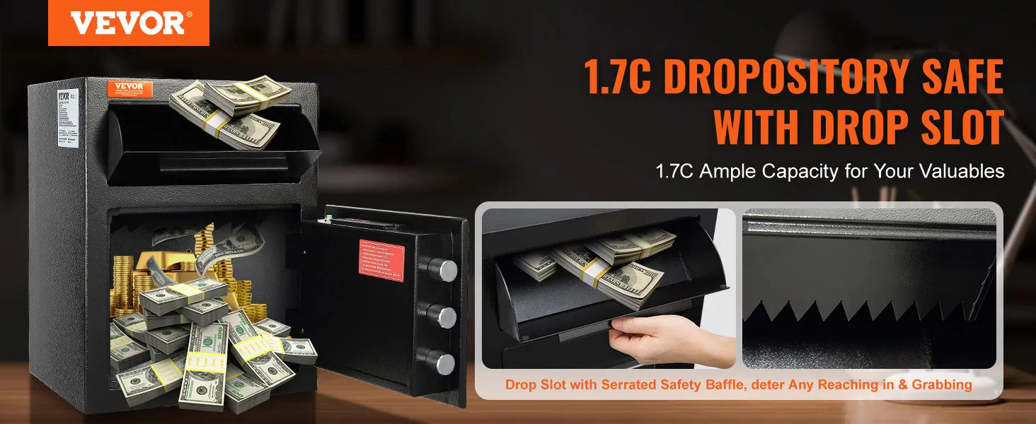 Caja fuerte de depósito VEVOR con ranura para depósito, que muestra amplia capacidad para almacenar efectivo y oro.