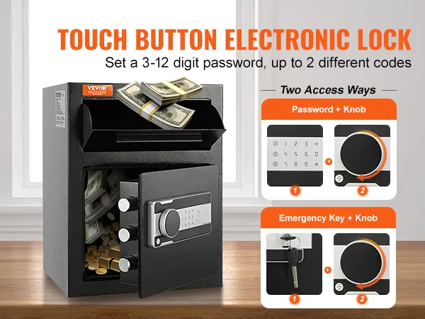 Caja fuerte de depósito VEVOR con cerradura electrónica con botón táctil, que muestra opciones de acceso con contraseña y llave.
