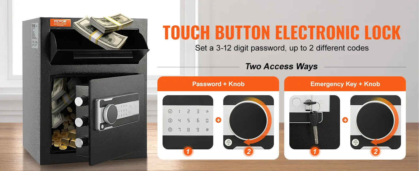 Caja fuerte de depósito VEVOR con cerradura electrónica con botón táctil, que muestra opciones de acceso con contraseña y llave.