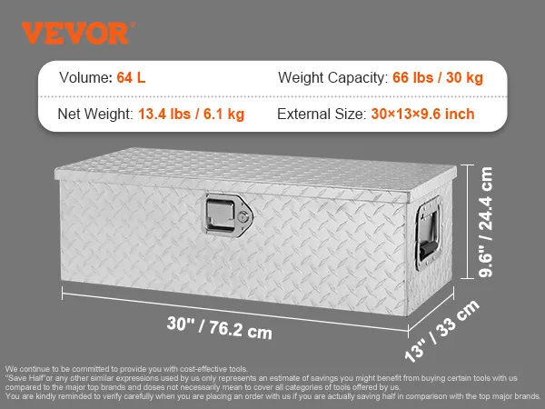 VEVOR aluminum truck bed tool box with 64l volume, 66 lbs capacity. dimensions: 30x13x9.6 inches.