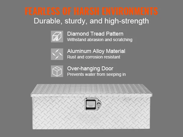 VEVOR aluminum truck bed tool box with diamond tread, rust-resistant aluminum, and weatherproof over-hanging door.