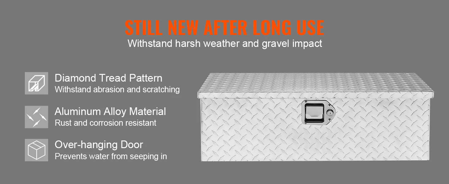 VEVOR aluminum truck bed tool box with diamond tread, rust-resistant aluminum, and weatherproof over-hanging door.