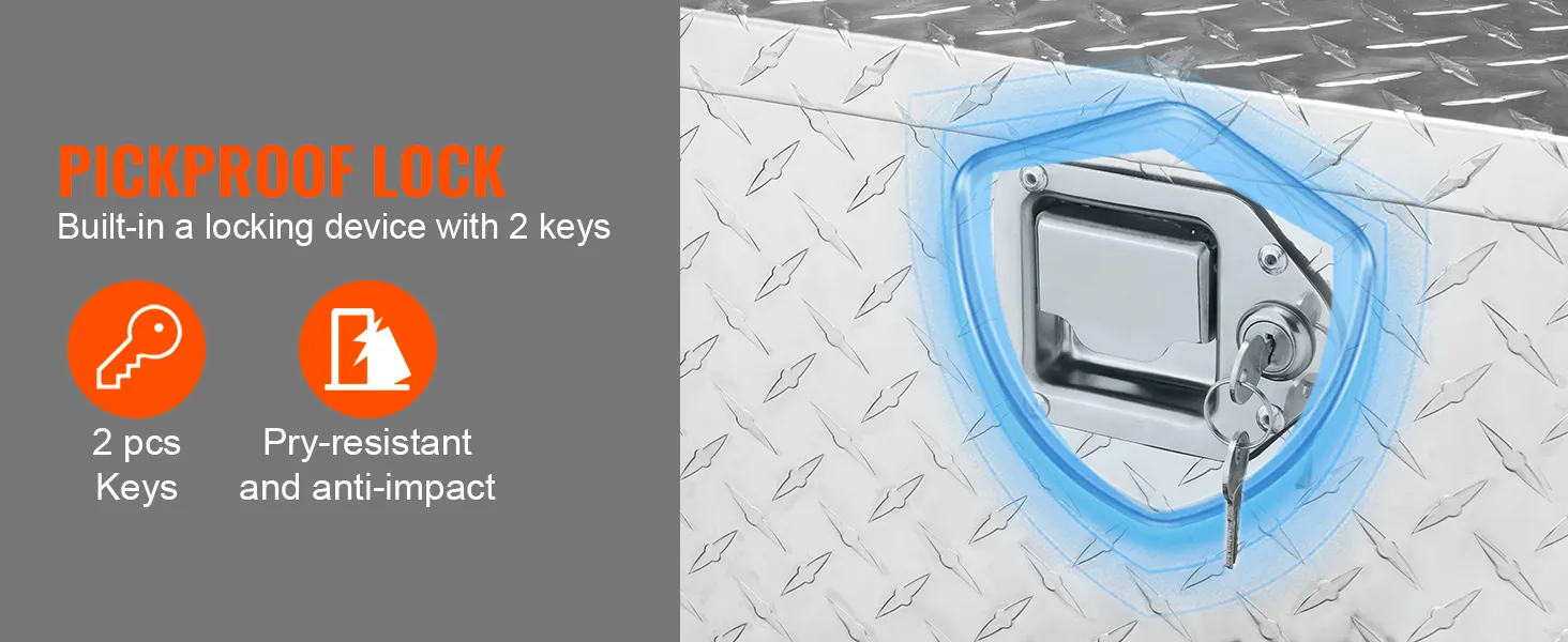 VEVOR aluminum truck bed tool box with pickproof lock, built-in keys, and pry-resistant features.