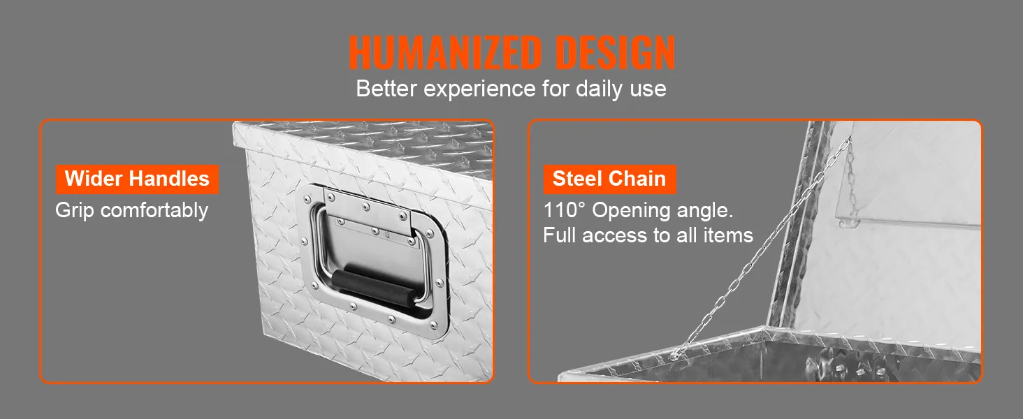 VEVOR aluminum truck bed tool box with wider handles and steel chain for 110° opening angle.