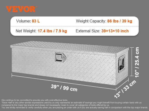 VEVOR truck bed tool box, 83l, 86 lbs capacity, 39x13x10 inches, aluminum, diamond tread pattern.