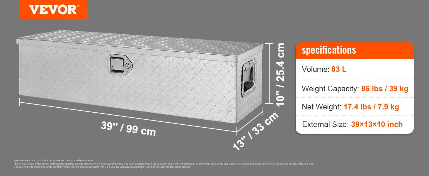 VEVOR truck bed tool box, 83l, 86 lbs capacity, 39x13x10 inches, aluminum, diamond tread pattern.