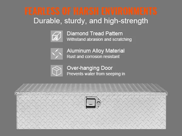 VEVOR truck bed tool box with diamond tread pattern, aluminum alloy material, and over-hanging door.