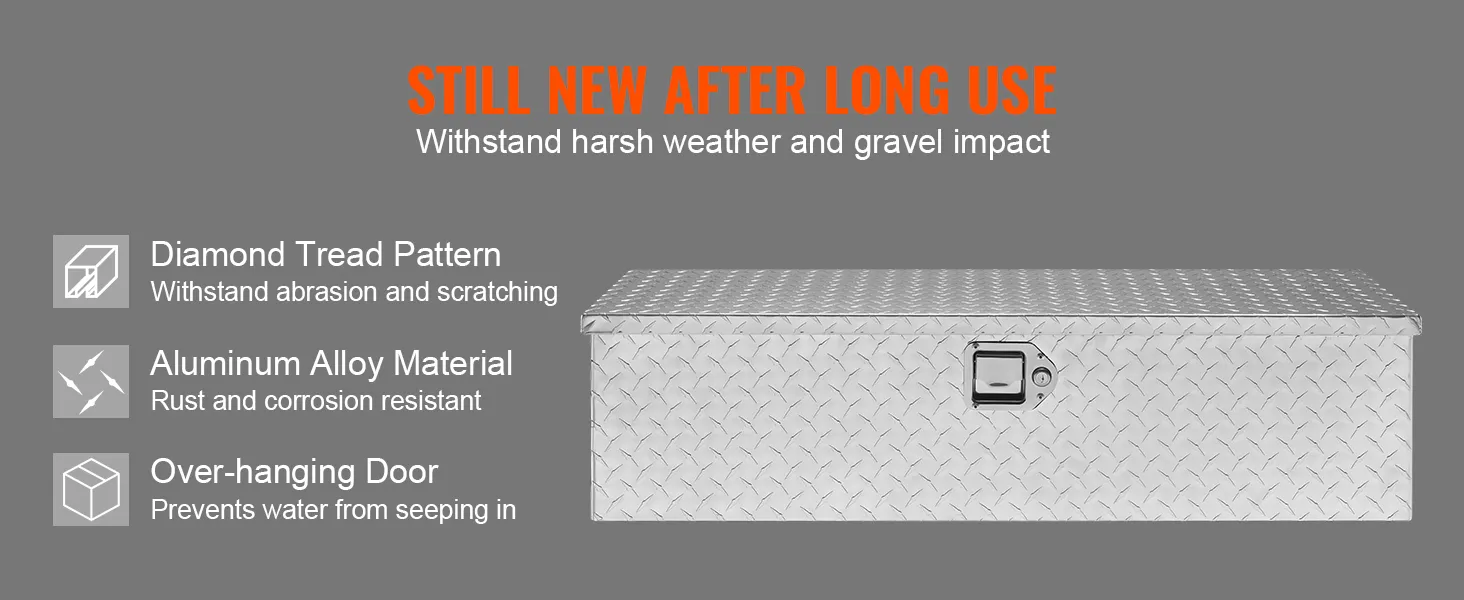 VEVOR Heavy Duty Aluminum Truck Bed Tool Box, Diamond Plate Tool Box with Side Handle and Lock Keys, Storage Tool Box Chest Box Organizer for Pickup, Truck Bed, RV, Trailer, 39"x13"x10", Silver