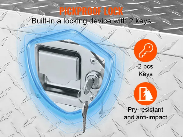 VEVOR truck bed tool box with a pickproof lock, 2 keys, and pry-resistant design.