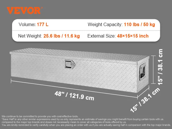 VEVOR truck bed tool box with 177l volume, 110 lbs capacity, and 48x15x15 inch size.