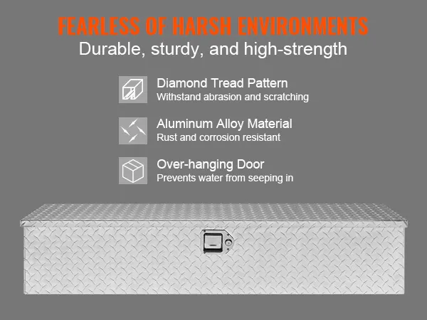 VEVOR truck bed tool box with diamond tread pattern, aluminum alloy material, and over-hanging door.