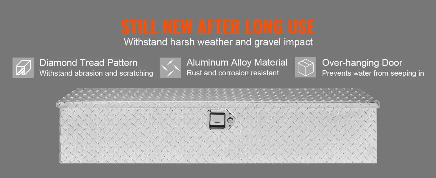 VEVOR truck bed tool box with diamond tread pattern, aluminum alloy material, and over-hanging door.