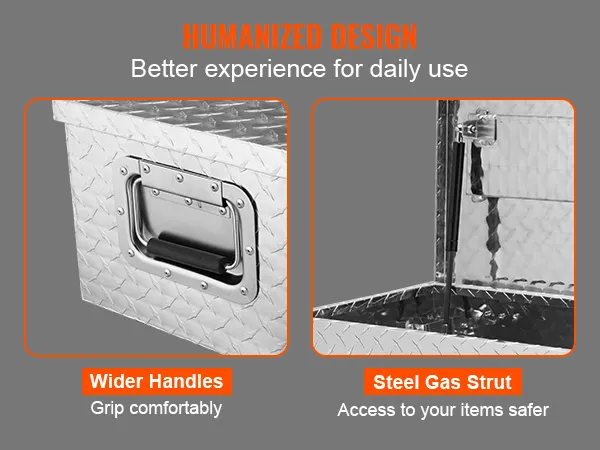 steel gas strut and wider handles on VEVOR truck bed tool box for daily use.