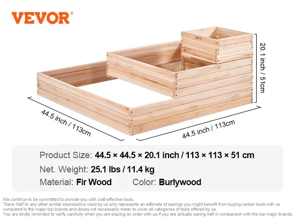 VEVOR raised garden bed, fir wood, 44.5×44.5×20.1 inches, burlywood color. net weight: 25.1 lbs.
