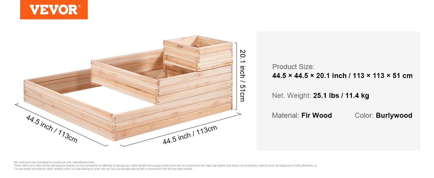 VEVOR raised garden bed, fir wood, 44.5×44.5×20.1 inches, burlywood color. net weight: 25.1 lbs.