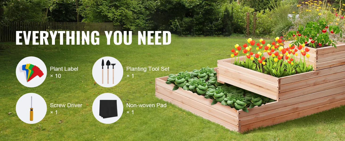 VEVOR raised garden bed with plants, tools, plant labels, screw driver, and non-woven pad on lawn.