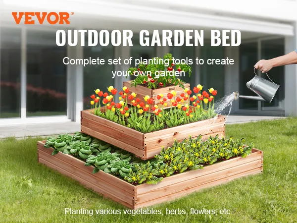 VEVOR raised garden bed filled with various plants and flowers in a backyard setting.