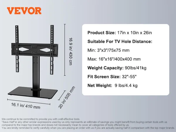 VEVOR tv stand mount with 90lbs capacity, fits 32"-55" screens, and measures 17"x10"x26".