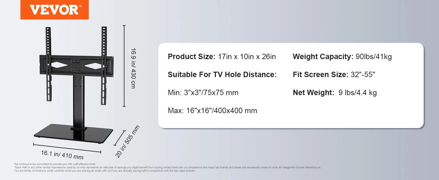 VEVOR tv stand mount with 90lbs capacity, fits 32"-55" screens, and measures 17"x10"x26".