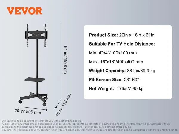 VEVOR mobile tv stand infographic with dimensions, weight capacity, and screen size compatibility details.
