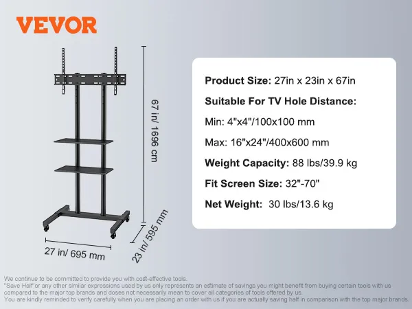 VEVOR mobile tv stand specifics: 27"x23"x67", supports 132lbs, fits 32"-70" screens, compatible mounts 100x100 to 400x600mm.