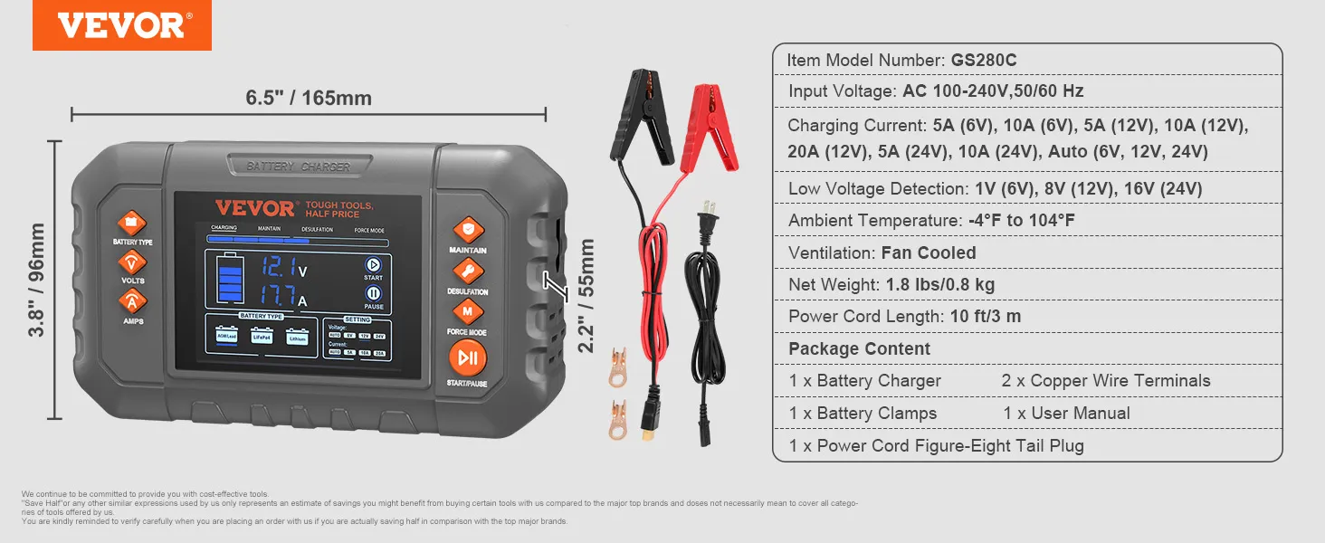 VEVOR smart battery charger, model gs280c, with display and accessories, dimensions listed.