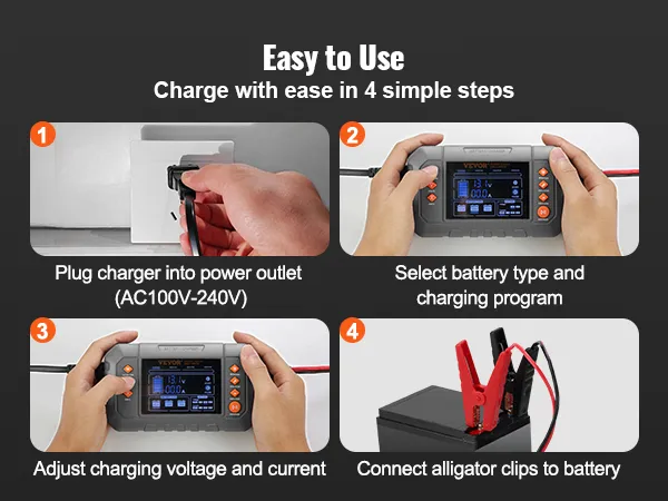 easy steps to charge with the VEVOR smart battery charger: plug in, select type, adjust, connect.