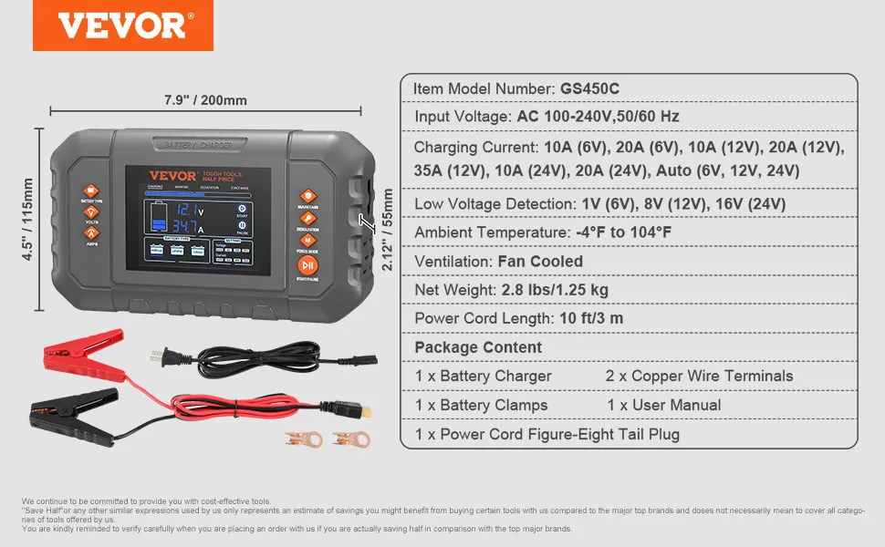 VEVOR Smart Battery Charger, 35-Amp, Lithium LiFePO4 Lead-Acid (AGM / Gel / SLA) Car Battery Charger with LCD Display, Trickle Charger Maintainer Desulfator for Boat Motorcycle Lawn Mower Deep Cycle