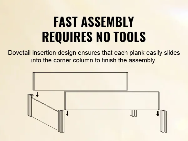fast assembly of VEVOR raised garden bed with dovetail design requiring no tools.